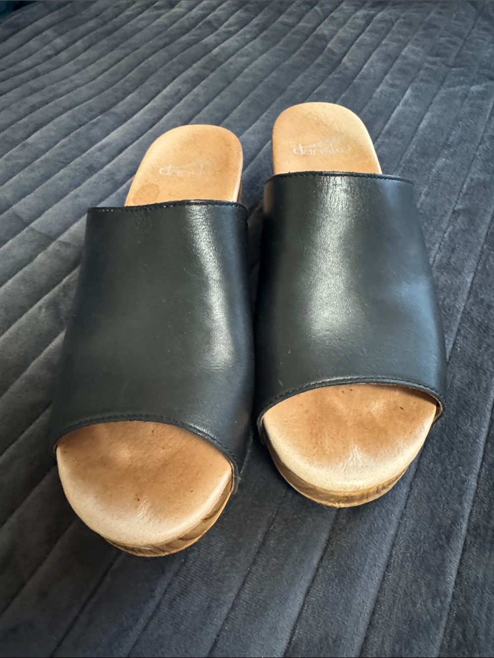 Dansko Black Leather Slide Clogs with Tan Footbed